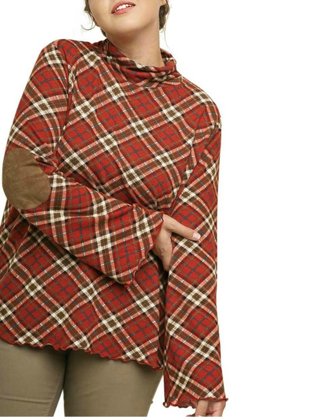 Umgee Rust Plaid Flannel Knit Top Elbow Patch Size XL